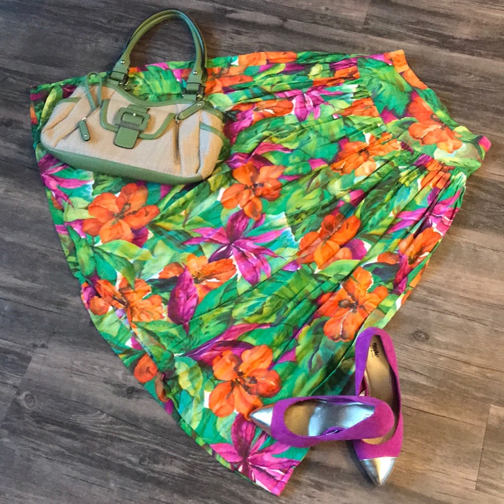 Pink, green and orange floral skirt.